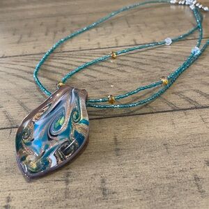 Elegant Glass  Teal and Gold Pendant Necklace. 18”